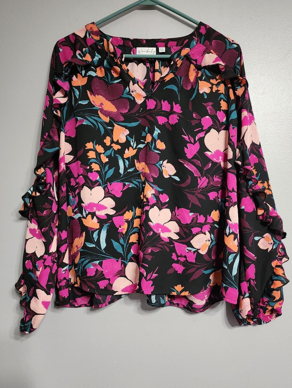Wonderly Black Floral Ruffle-Sleeve Blouse with Pink & Orange Accents